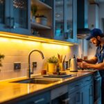 A photograph of a beautifully lit kitchen showcasing under-cabinet led lighting