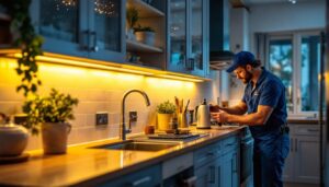 A photograph of a beautifully lit kitchen showcasing under-cabinet led lighting