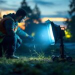 A photograph of a lighting contractor setting up a portable flood light outdoors during twilight