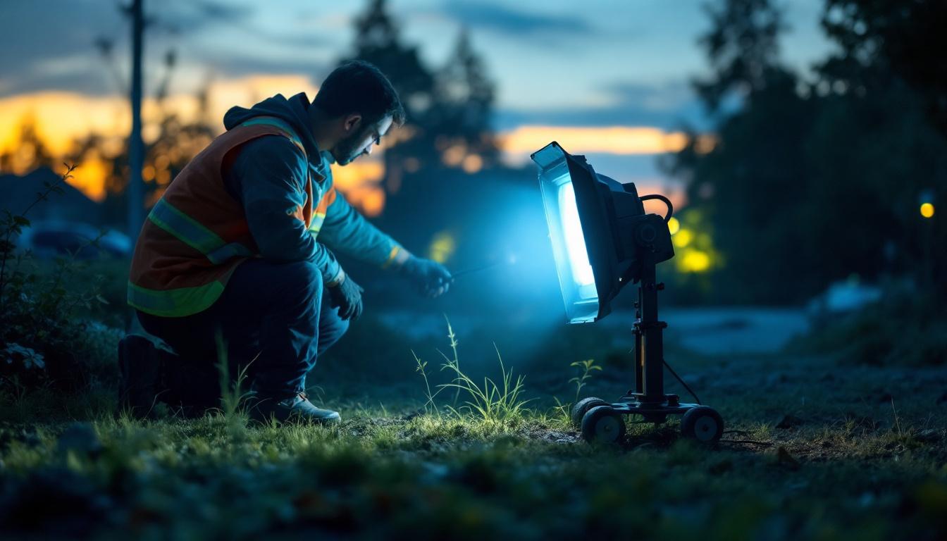 A photograph of a lighting contractor setting up a portable flood light outdoors during twilight