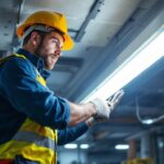 A photograph of a lighting contractor efficiently installing a ballast bypass led t5 fixture in a commercial setting