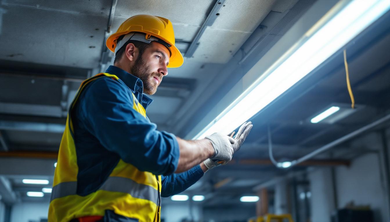 A photograph of a lighting contractor efficiently installing a ballast bypass led t5 fixture in a commercial setting