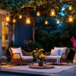 A photograph of a beautifully arranged outdoor setting featuring solar hanging lanterns illuminating a cozy patio or garden space