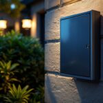 A photograph of a well-installed outdoor junction box cover in a residential or commercial setting