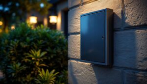 A photograph of a well-installed outdoor junction box cover in a residential or commercial setting