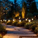 A photograph of a well-lit outdoor setting featuring a variety of solar lights installed in a garden or pathway