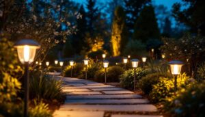 A photograph of a well-lit outdoor setting featuring a variety of solar lights installed in a garden or pathway