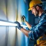 A photograph of a skilled lighting contractor installing led tube lights in a modern workspace
