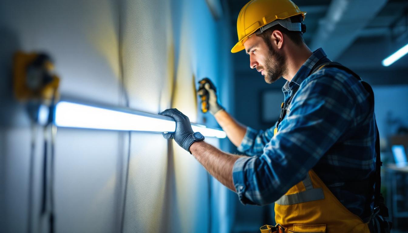 A photograph of a skilled lighting contractor installing led tube lights in a modern workspace