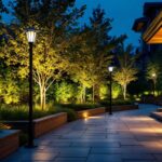 A photograph of a beautifully lit outdoor space featuring solar-powered uplights illuminating trees or architectural features