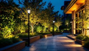 A photograph of a beautifully lit outdoor space featuring solar-powered uplights illuminating trees or architectural features