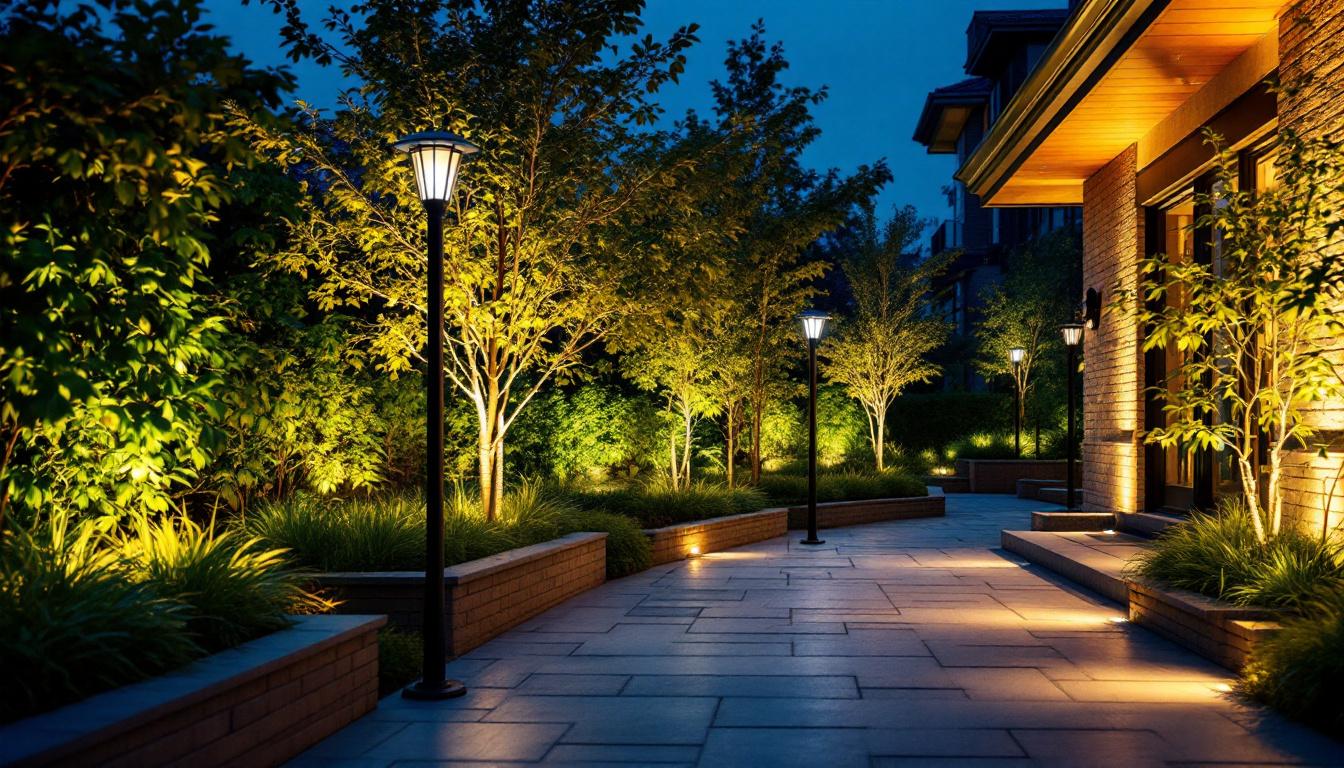 A photograph of a beautifully lit outdoor space featuring solar-powered uplights illuminating trees or architectural features