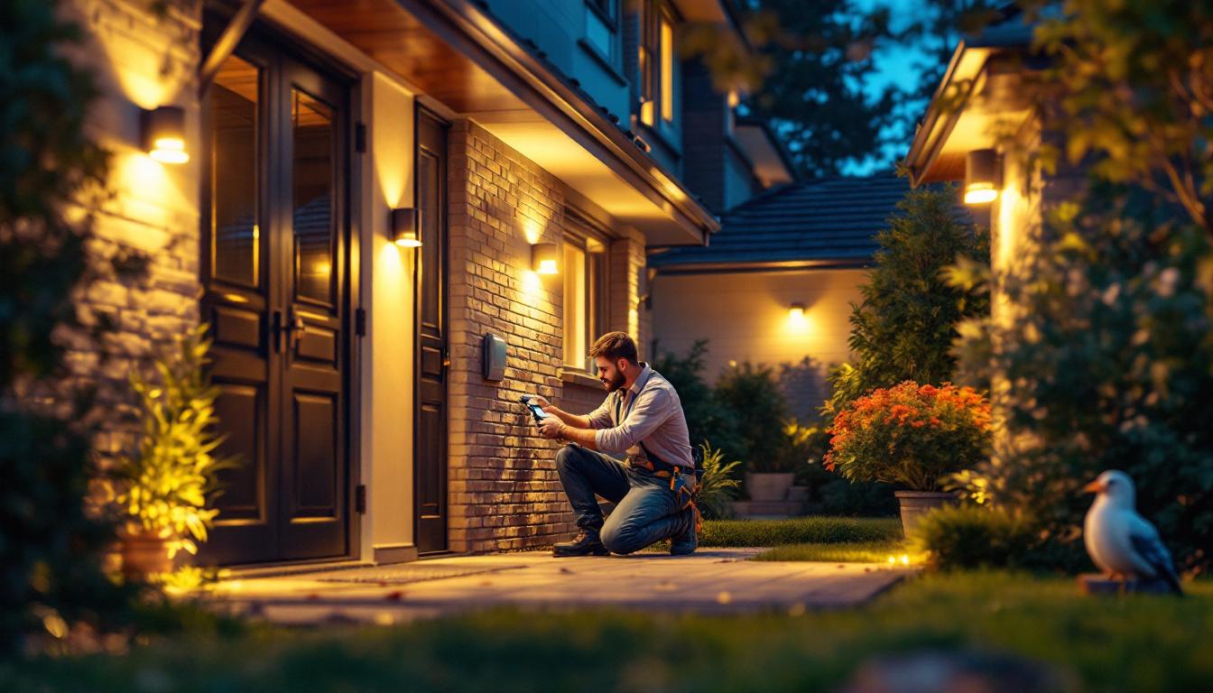 A photograph of a well-lit outdoor space featuring a variety of motion sensor lights in action