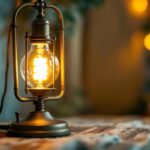 A photograph of a beautifully styled vintage lamp with an energy-efficient bulb