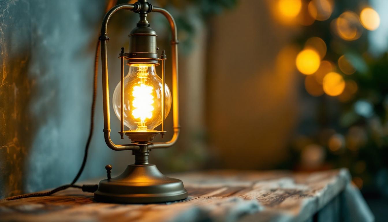 A photograph of a beautifully styled vintage lamp with an energy-efficient bulb