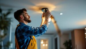 A photograph of a skilled lighting contractor installing a stylish ceiling light fixture in a modern home setting