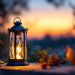 A photograph of a beautifully designed solar lantern illuminated at dusk