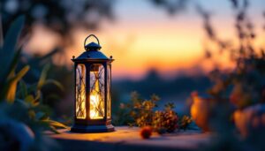 A photograph of a beautifully designed solar lantern illuminated at dusk