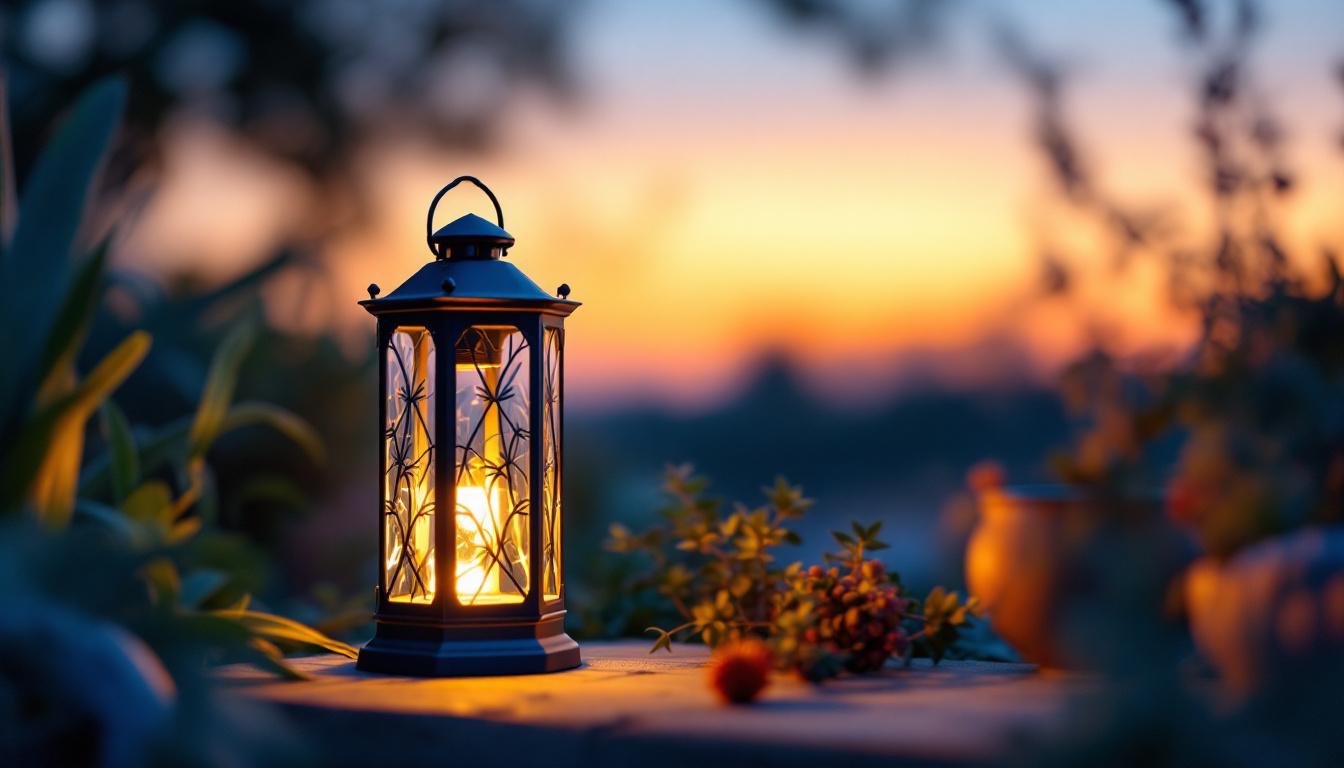 A photograph of a beautifully designed solar lantern illuminated at dusk