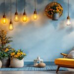 A photograph of a beautifully arranged indoor space featuring hanging lantern lights