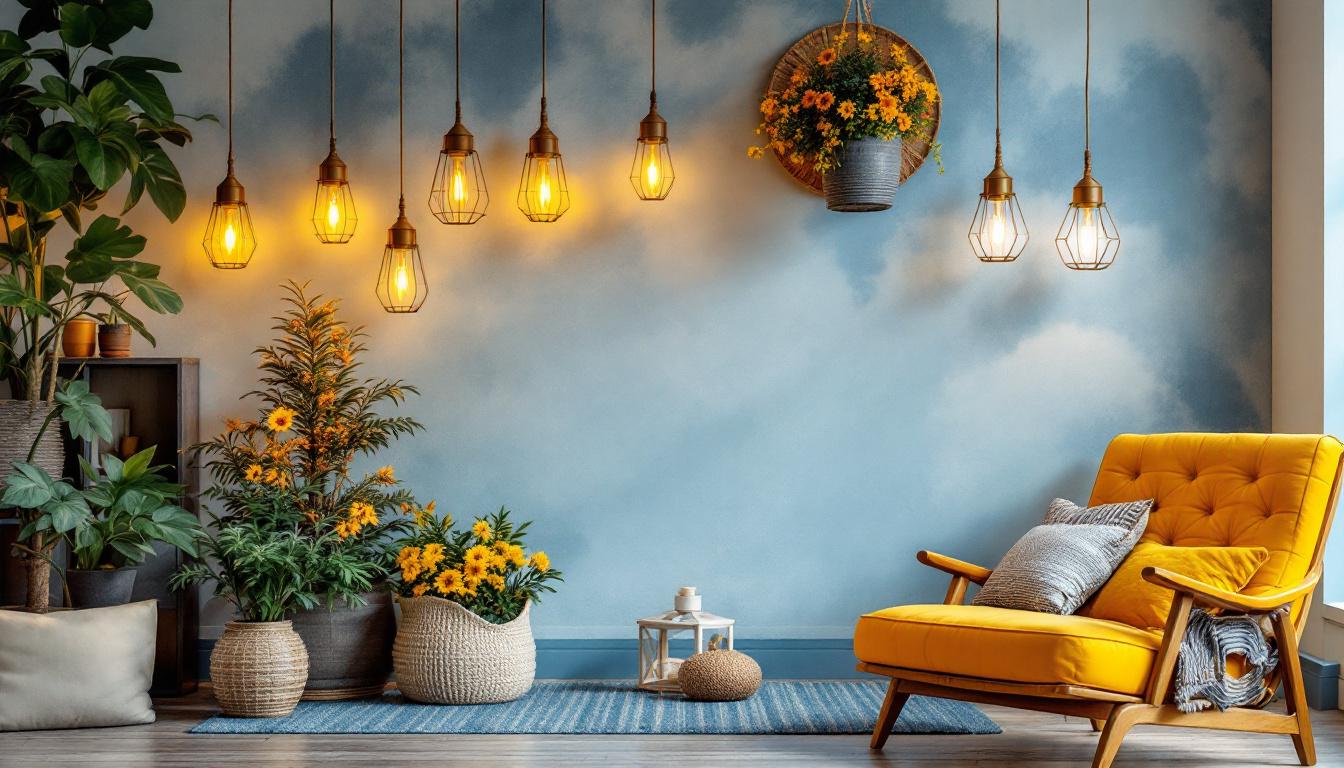 A photograph of a beautifully arranged indoor space featuring hanging lantern lights