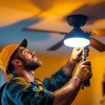 A photograph of a skilled lighting contractor expertly replacing a ceiling fan light fixture