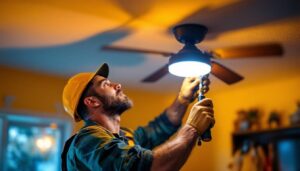 A photograph of a skilled lighting contractor expertly replacing a ceiling fan light fixture