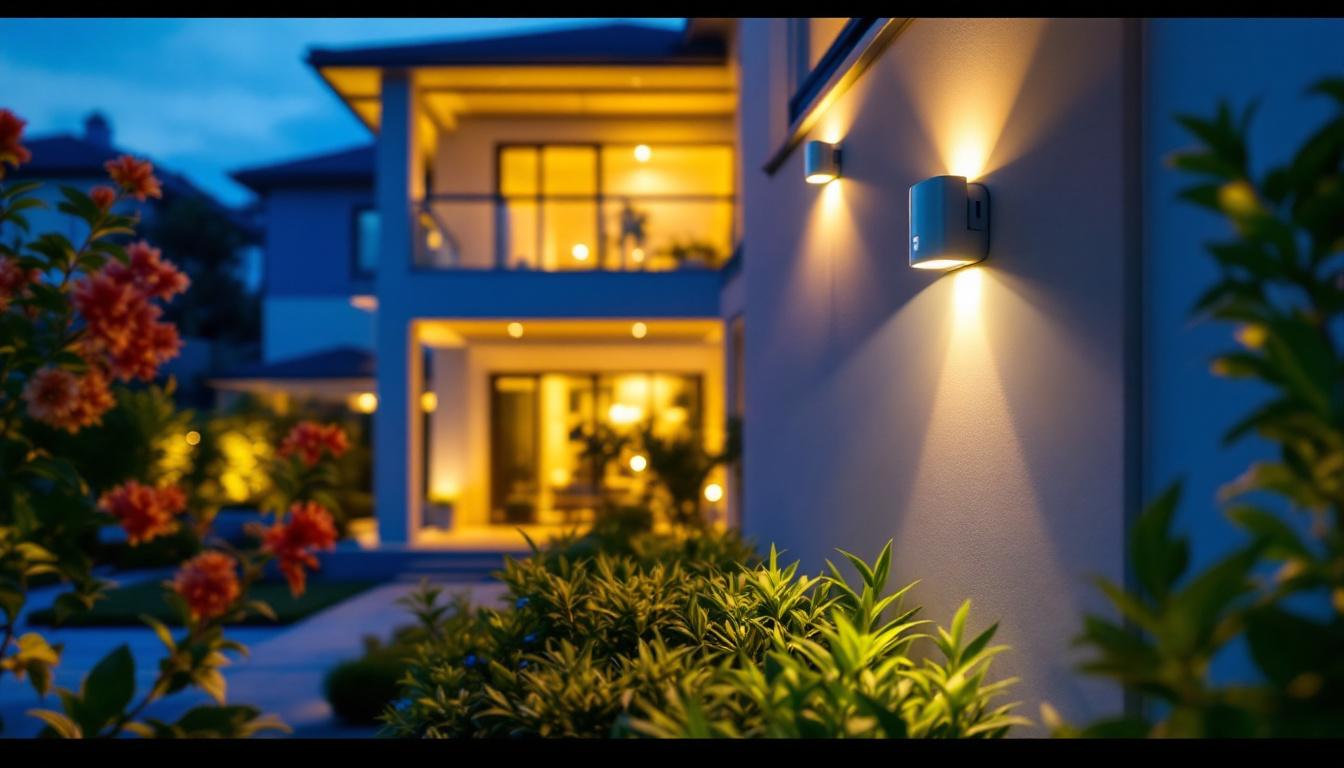 A photograph of a well-lit outdoor space featuring stylish led sensor lights in action