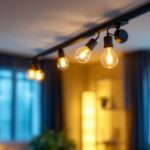 A photograph of a modern interior space featuring stylish track lighting with led bulbs