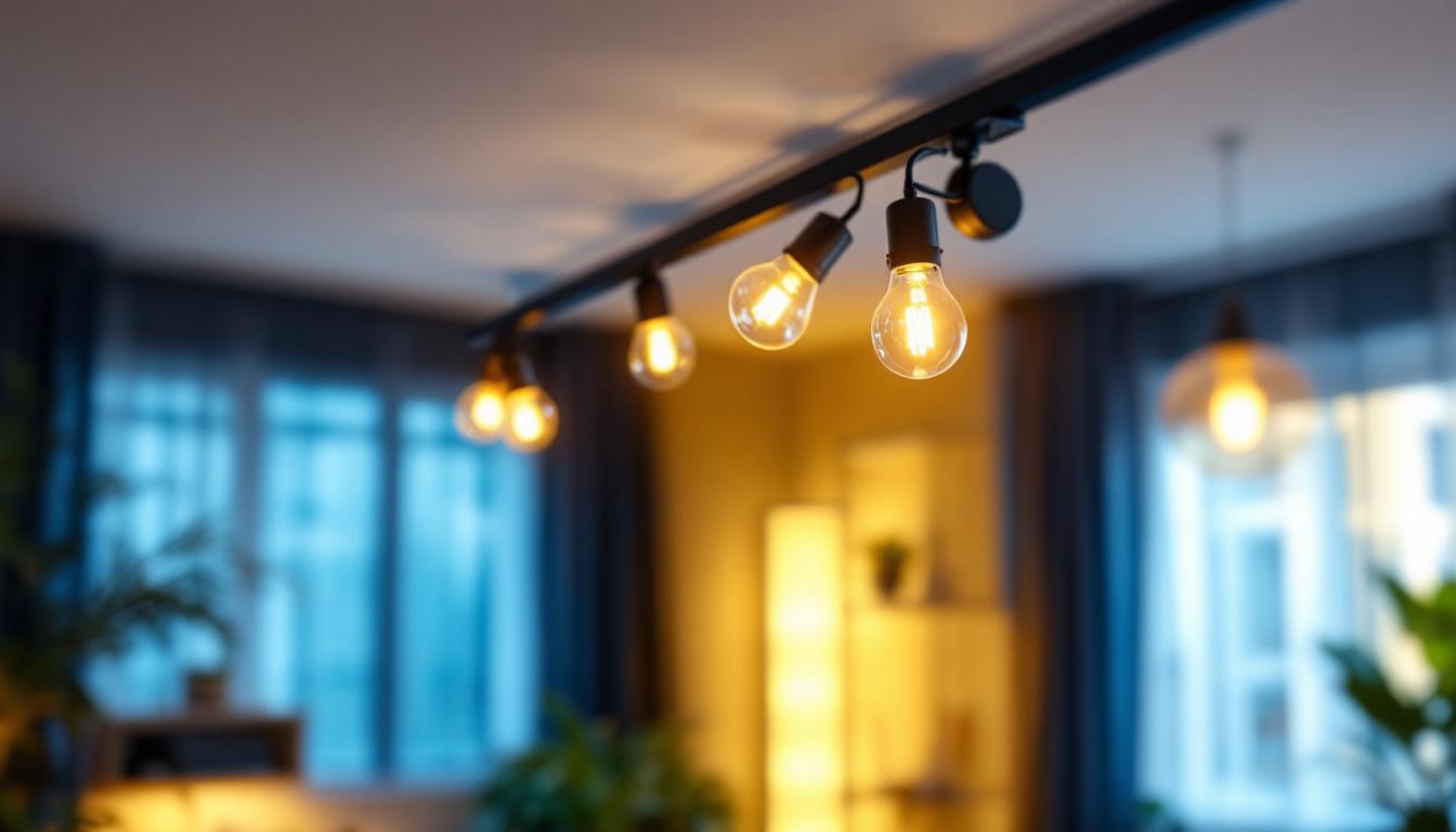 A photograph of a modern interior space featuring stylish track lighting with led bulbs