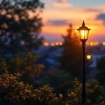 A photograph of a beautifully illuminated outdoor lamppost in a residential or commercial setting during twilight