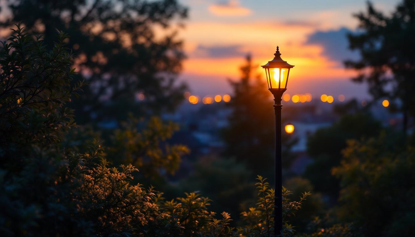A photograph of a beautifully illuminated outdoor lamppost in a residential or commercial setting during twilight