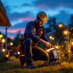 A photograph of a skilled lighting contractor installing solar-powered lights in a residential or commercial outdoor setting
