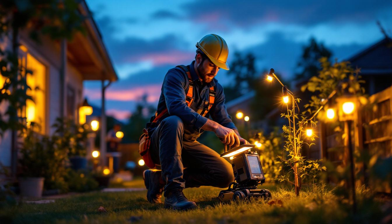 A photograph of a skilled lighting contractor installing solar-powered lights in a residential or commercial outdoor setting