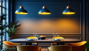 A photograph of a beautifully designed dining room featuring stylish pendant lighting