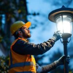 A photograph of a lighting contractor installing a photocontrol sensor on an outdoor lamp post