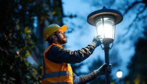 A photograph of a lighting contractor installing a photocontrol sensor on an outdoor lamp post