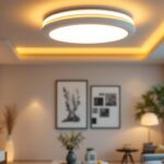 A photograph of a stylish flush mount ceiling led light fixture installed in a modern living space