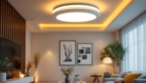 A photograph of a stylish flush mount ceiling led light fixture installed in a modern living space