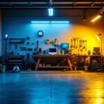 A photograph of a well-lit garage showcasing various led lighting installations