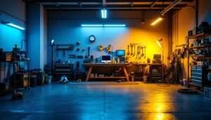 A photograph of a well-lit garage showcasing various led lighting installations