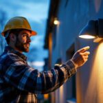 A photograph of a lighting contractor adjusting dusk-to-dawn sensors on outdoor fixtures
