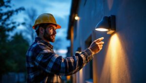 A photograph of a lighting contractor adjusting dusk-to-dawn sensors on outdoor fixtures