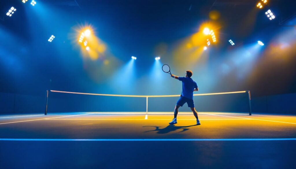 A photograph of a dynamic tennis match taking place under bright