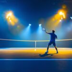 A photograph of a dynamic tennis match taking place under bright
