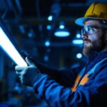 A photograph of a lighting contractor installing or showcasing a tube led lamp in a well-lit workspace