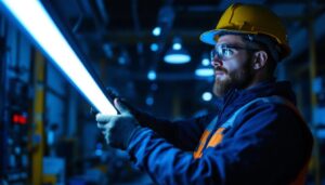 A photograph of a lighting contractor installing or showcasing a tube led lamp in a well-lit workspace
