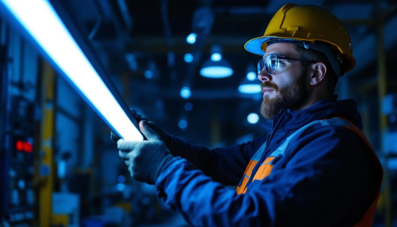 A photograph of a lighting contractor installing or showcasing a tube led lamp in a well-lit workspace
