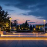 A photograph of a beautifully illuminated outdoor space featuring various styles of led lighting installations