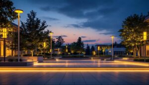 A photograph of a beautifully illuminated outdoor space featuring various styles of led lighting installations